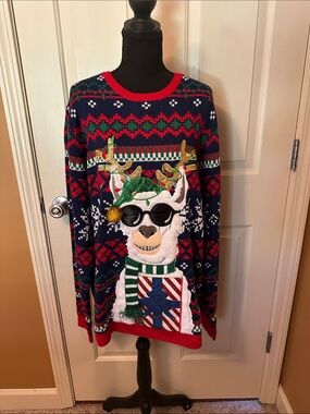 Holiday Time Men's Navy Sweater with Red & Green Llama Graphic and White Accents